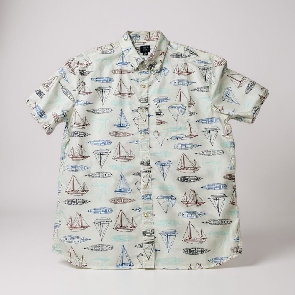 J.Crew Hawaiian Multi Boat on white Short sleeve Men Shirt Size Large